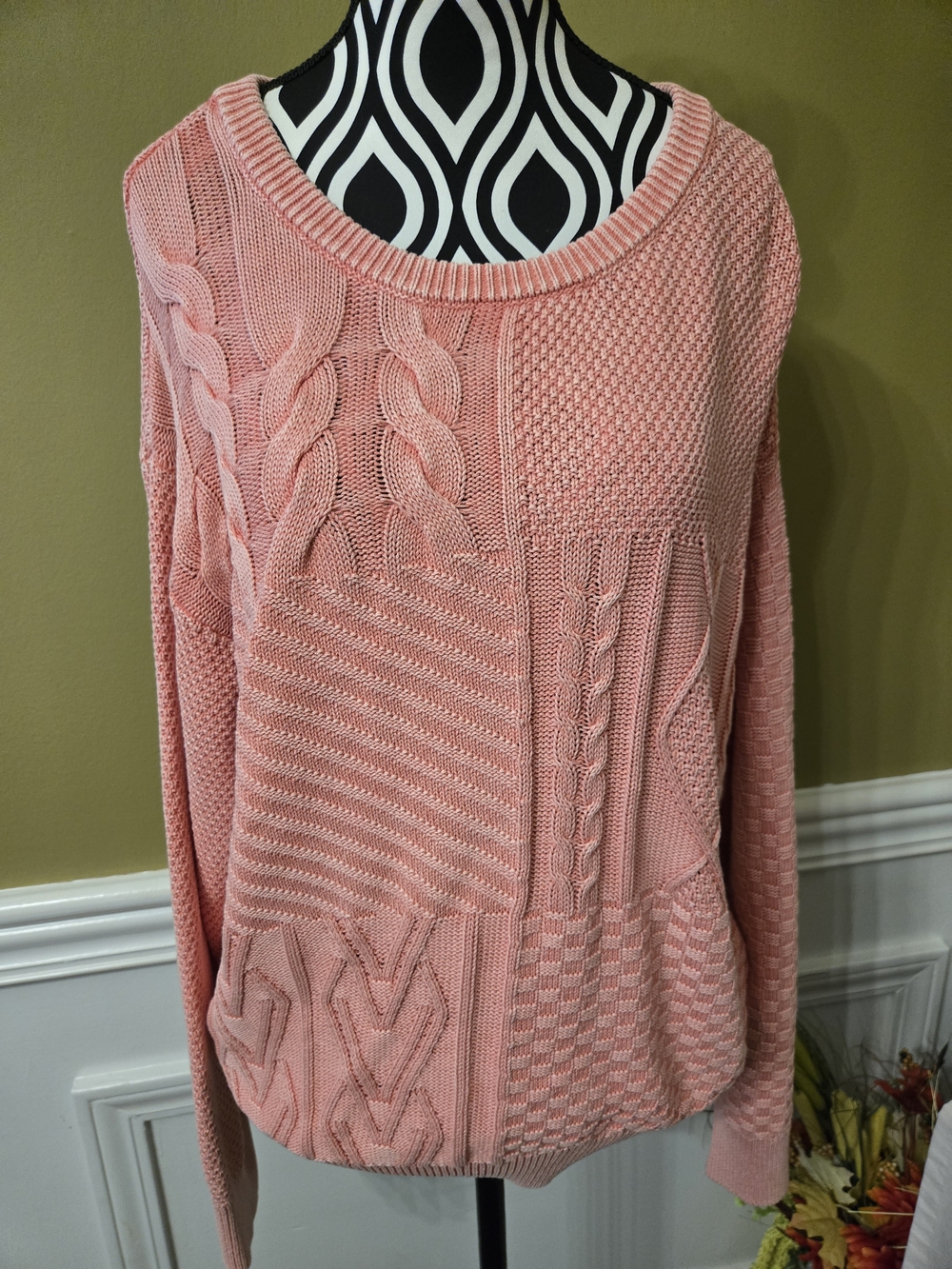 NEW Time and Tru Women’s Pink Patchwork Cable Knit Sweater Large